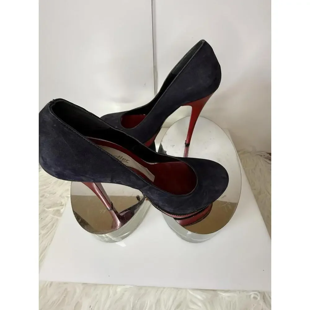 Merlier Blue Red White Suede Heels Womens Leather Sz 6.5 Red Sole High Fashion